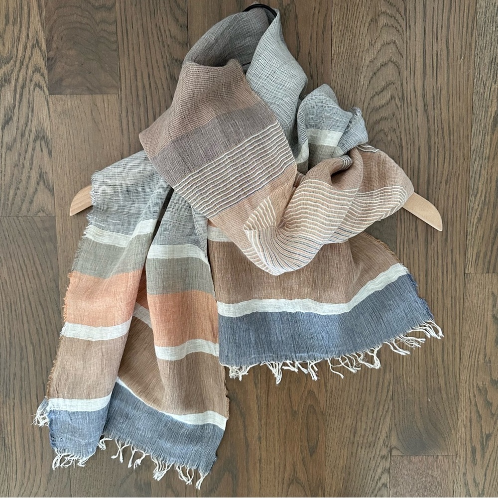 Schneiders Salzburg Color Blocked Striped 100% Linen Scarf Cream, Blue, Orange